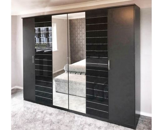 Rauch Terano Metallic Grey with Basalt Glass Overlay 6 Door 2 Glass Door Wardrobe with 2 Mirror(W271cm)