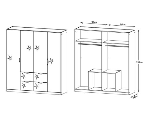 Rauch Arnstein Sonoma Oak Colour Carcase with High Polish White Front 4 Door 4 Drawer Combi Wardrobe
