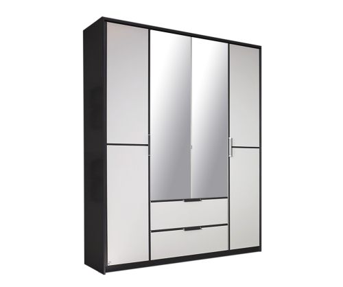 Rauch Essensa Metallic Grey with Alpine White 2 Mirror Door 2 Drawer Wardrobe with Chrome Coloured Short Handle with Vertical and Horizontal Trims (W91cm)