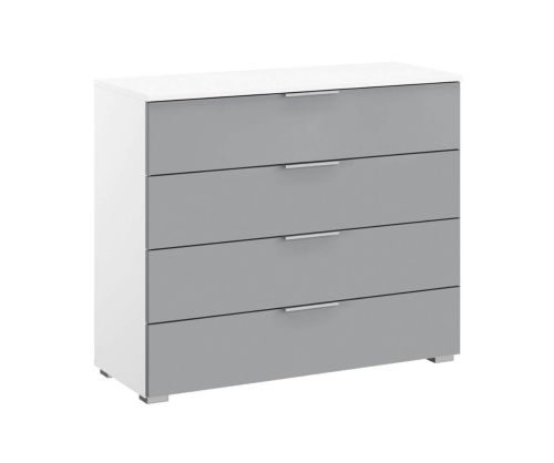Rauch Bellezza Alpine White Carcase with White High Polish Front Wide 4 Drawer Chest with Silk Grey Application
