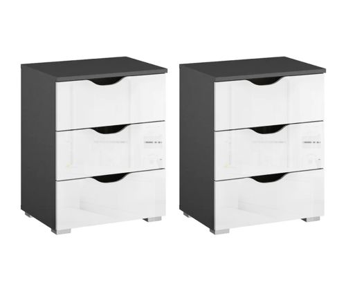Rauch Arnstein Metallic Grey Carcase with High Polish White Front 3 Drawer Bedside Cabinet(Pair)