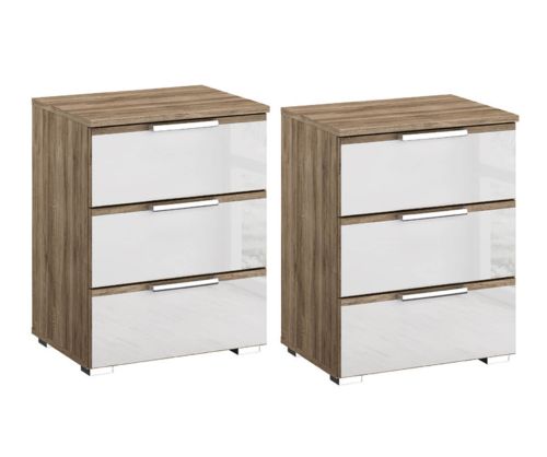 Rauch Terano Alpine White with White Glass Overlay 3 Drawer Bedside Table(Pair)