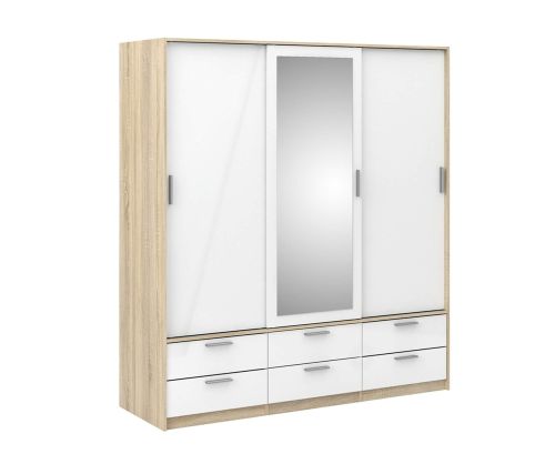 FTG Line Oak and White High Gloss 3 Doors 6 Drawers Wardrobe
