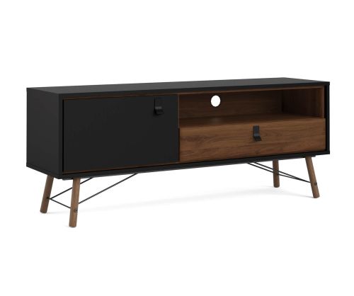 FTG Ry Matt Black and Walnut 1 Door 1 Drawer TV Unit