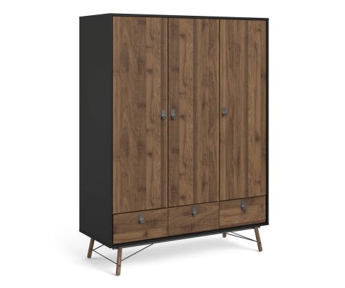 FTG Ry Matt Black and Walnut 3 door 3 Drawer Wardrobe