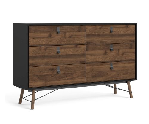 FTG Ry Matt Black and Walnut 6 Drawer Wide Double Chest