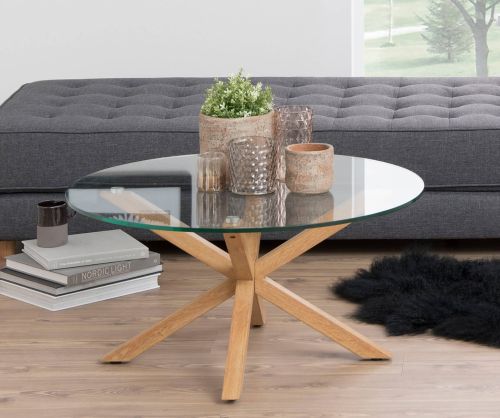 Heaven Glass Top Round Coffee Table with Smoked Oak Legs