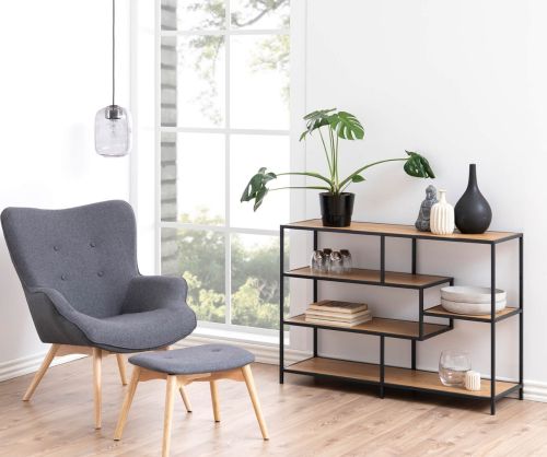 Seaford Wide Black Metal Bookcase with 4 Oak Shelves