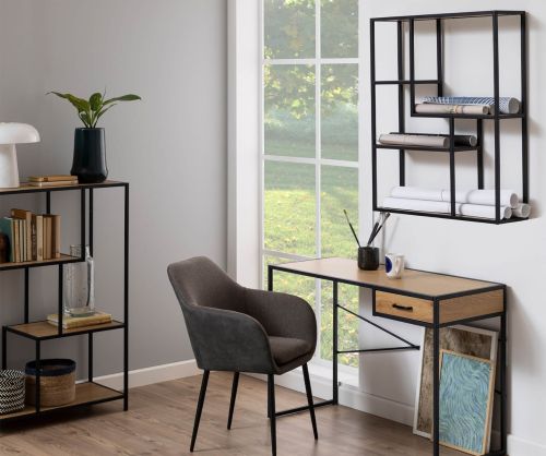 Seaford Black Metal Wide Wall Shelf with 3 Additional Oak Shelves