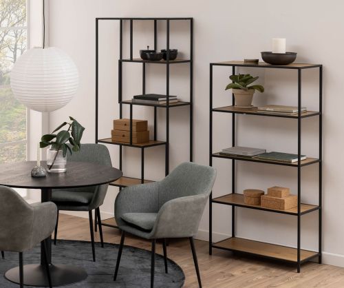 Seaford Tall Black Metal Bookcase with 4 Oak Shelves
