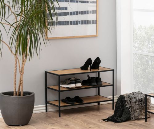 Seaford Black Metal Shoe Rack with 2 Oak Shelves