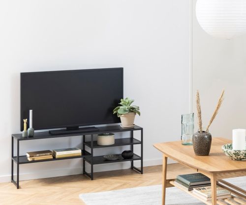 Seaford Black Metal Open TV Unit with 3 Black Shelves