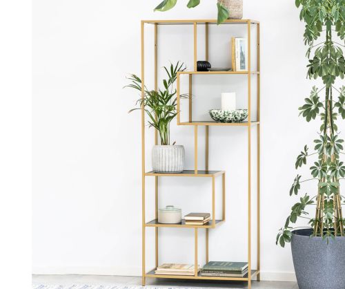 Seaford Tall Gold Metal Bookcase with 5 Black Shelves