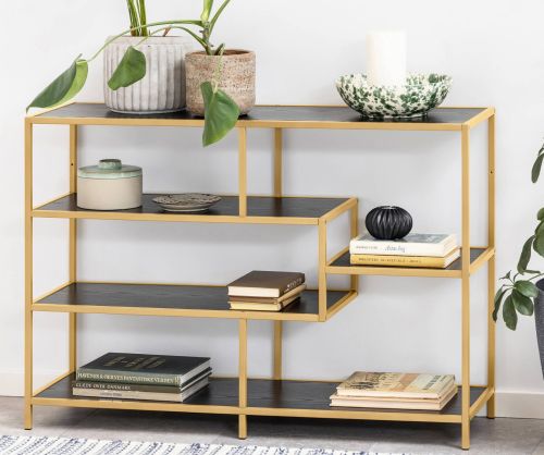 Seaford Wide Gold Metal Bookcase with 4 Black Shelves