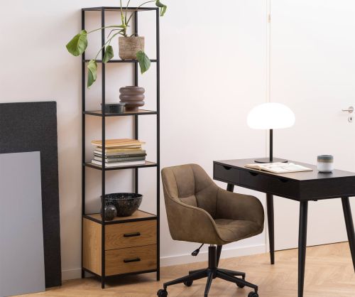 Seaford Black and Oak Bookcase with 2 Drawers and 3 Shelves 