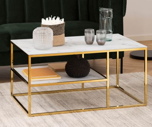 Alisma Open Shelf Coffee Table with White Marble Effect And Gold Legs