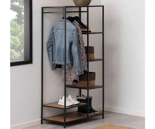 Seaford Black Metal Clothes Rack with 5 Oak Shelves