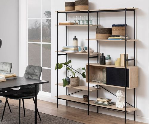 Angus White Oak And Black 1 Sliding Door And 5 Shelves Bookcase 