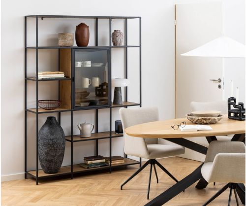 Seaford Black and Oak Bookcase with 7 Shelves and Glass Front Display 