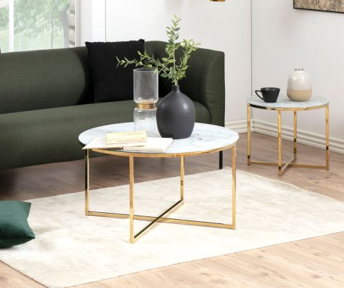 Alisma Round Coffee Table with White Marble Top And Gold Legs