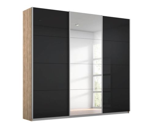Rauch Kulmbach Black Glass Front 3 Sliding Glass 1 Mirror Door Wardrobe with Carcase Colour Handle Strips(W271cm)