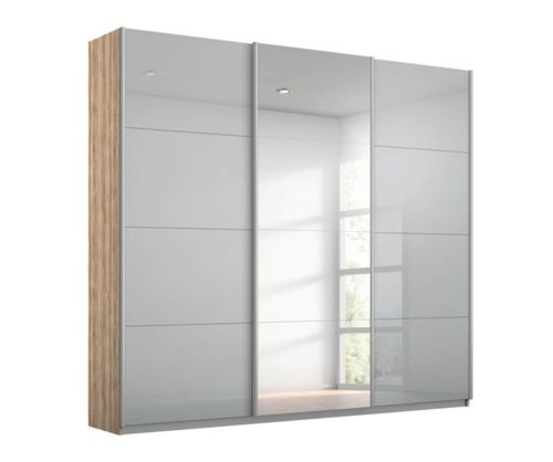 Rauch Kulmbach Silk Grey Glass Front 3 Sliding Glass Door 1 Mirror Wardrobe with Aluminum Colour Handle Strips(W203cm)