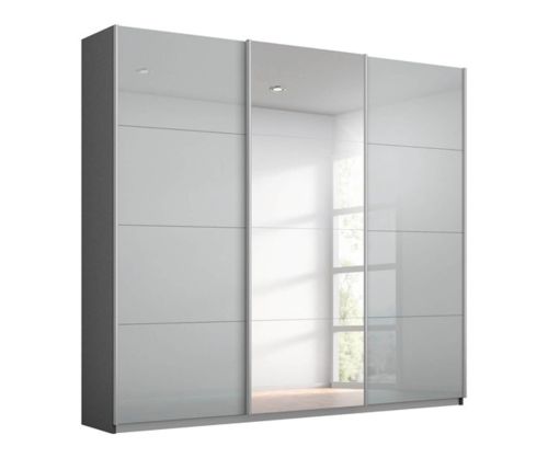 Rauch Kulmbach Silk Grey Glass Front 3 Sliding Glass Door 1 Mirror Wardrobe with Carcase Colour Handle Strips(W203cm)