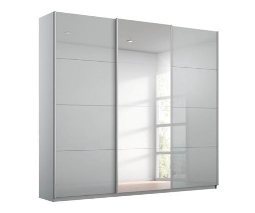 Rauch Kulmbach Silk Grey Glass Front 3 Sliding Glass Door 1 Mirror Wardrobe with Chrome Colour Handle Strips(W203cm)