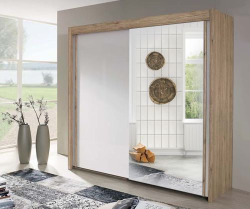 Rauch Amalfi Sonoma Oak Colour Carcase with Silk Grey Front 2 Sliding Door 1 Mirror Wardrobe (H-223cm, W-201cm)