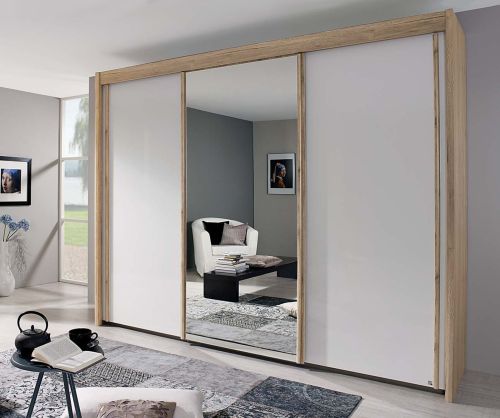 Rauch Amalfi Sonoma Oak Colour Carcase with Silk Grey Front 3 Sliding Door 1 Mirror Wardrobe (H-235cm, W-250cm)