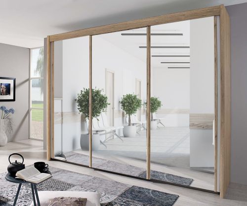Rauch Amalfi Sonoma Oak Colour Carcase with Silk Grey Front 3 Sliding Mirror Door Wardrobe (H-223cm, W-300cm)