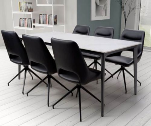 Furniture Link Amalfi White Marble 140cm Dining Table with 6 Ace Black Swivel Dining Chair