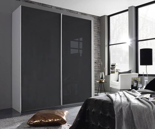 Rauch Essensa Alpine White with Basalt Glass 2 Door Sliding Wardrobe with Carcass Coloured Handle (W181cm)
