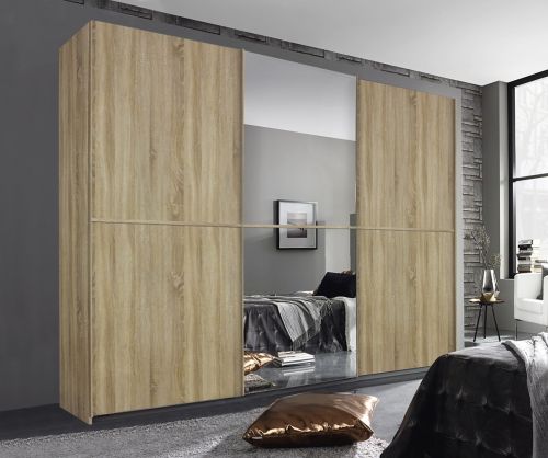 Rauch Essensa Sonoma Oak 2 Door 1 Mirror Sliding Wardrobe with Carcasre Coloured Handle with Vertical and Horizontal Trims (W181cm)