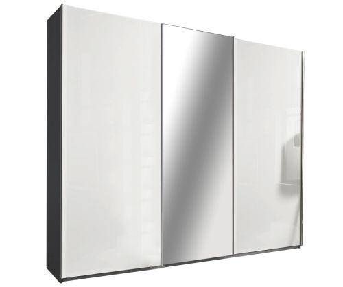 Rauch Essensa Metallic Grey with White Glass 3 Door 1 Mirror Sliding Wardrobe with Chrome Coloured Handle (W271cm)