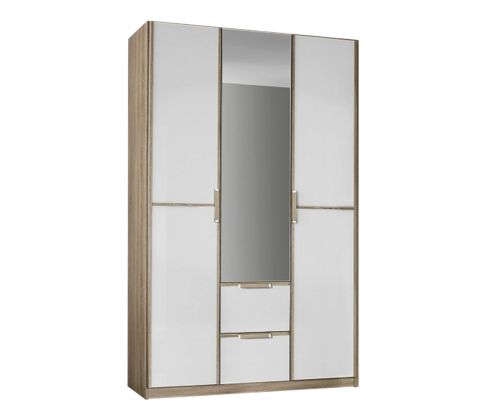 Rauch Essensa Sonoma Oak with Alpine White 3 Door 2 Drawer Wardrobe with 1 Mirror Chrome Coloured Long Handle with Vertical and Horizontal Trims (W136cm)