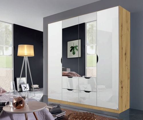 Rauch Arnstein Artisan Oak Colour Carcase with White Front 4 Door 2 Mirror Combi Wardrobe with Drawer