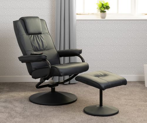 Seconique Furniture Ascot Dark Blue Faux Leather Recliner Chair And Footstool