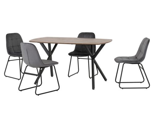 Seconique Furniture Athens Medium Oak Effect And Black And Grey Velvet Rectangular Dining Set With Lukas Grey Velvet Dining Chairs