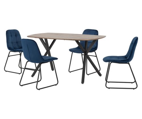 Seconique Furniture Athens Medium Oak Effect And Black And Sapphire Blue Velvet Rectangular Dining Set With Lukas Sapphire Blue Velvet Dining Chairs