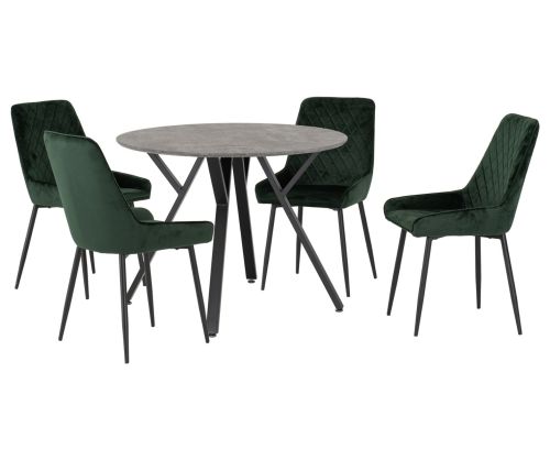 Seconique Furniture Athens Concrete Effect and black and emerald Green Velvet Round Dining Set With Lukas Green Velvet  Dining Chairs