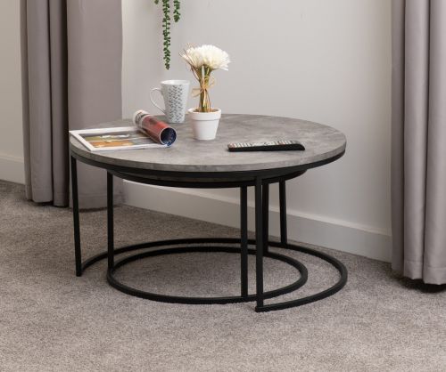 Seconique Furniture Athens Concrete Effect And Black Round Coffee Table Set