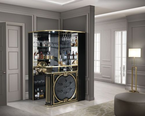 H2O Design Aurora Black and Gold Italian Corner Bar Unit with Eco Leather Front