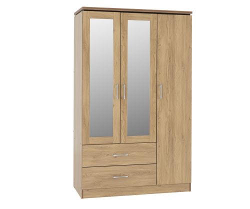 Seconique Furniture Charles Oak Veneer With Walnut Trim 3 Door 2 Drawer Mirrored Wardrobe