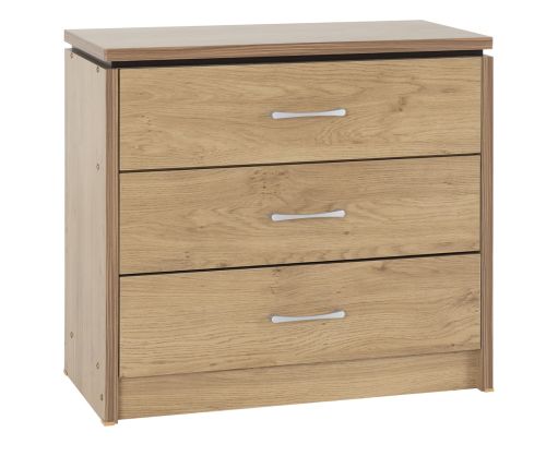 Seconique Furniture Charles Oak Veneer With Walnut Trim 3 Drawer Chest