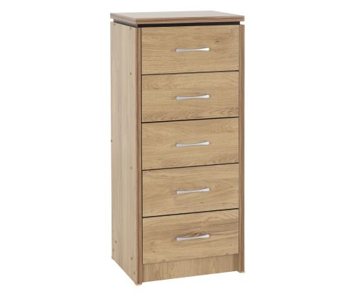 Seconique Furniture Charles Oak Veneer With Walnut Trim 5 Drawer Narrow Chest  