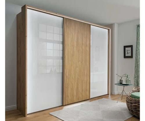 Wiemann Denver White Glass Sliding Door Wardrobe with Bianco Oak Decking