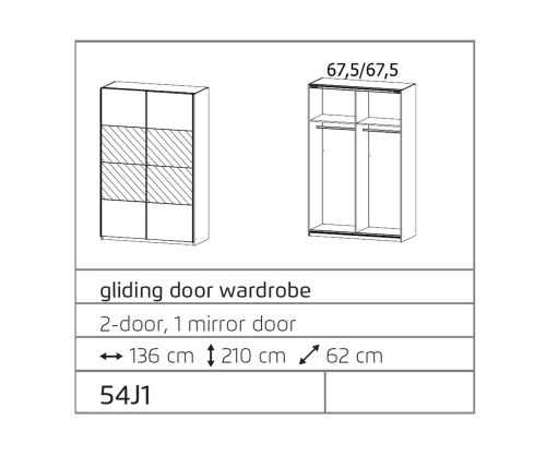 Rauch Ellesse Alpine White Carcase with Sonoma Oak Colour Front 2 Sliding Door 1 Mirror Wardrobe (W136cm)