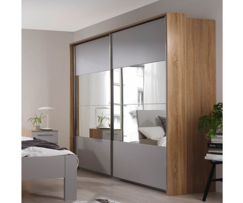 Rauch Ellesse Sonoma Oak Colour Carcase with Silk Grey Front Wide 2 Sliding Door 1 Mirror Wardrobe (W271cm)