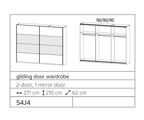 Rauch Ellesse Sonoma Oak Colour Carcase with Sonoma Oak Colour Front Wide 2 Sliding Door 1 Mirror Wardrobe (W271cm)